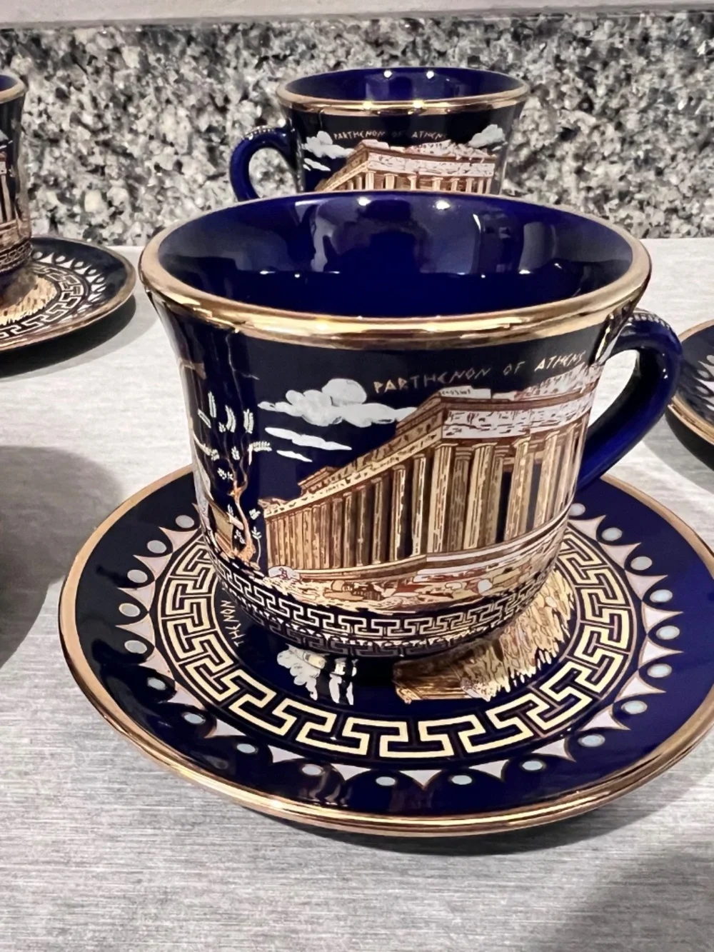Greek Parthenon 24K Gold Cobalt Cup & Saucer Set 10 Pieces